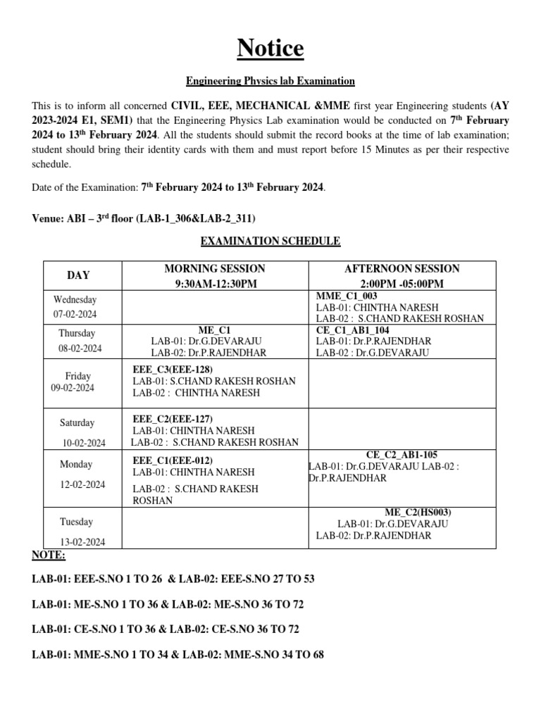 Engineering Physics Lab Schedule | PDF