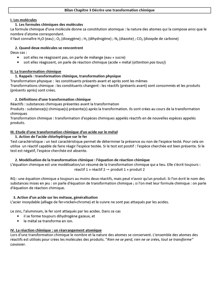 Définition et Bilan d'une Transformation Chimique | PDF | Chimie ...