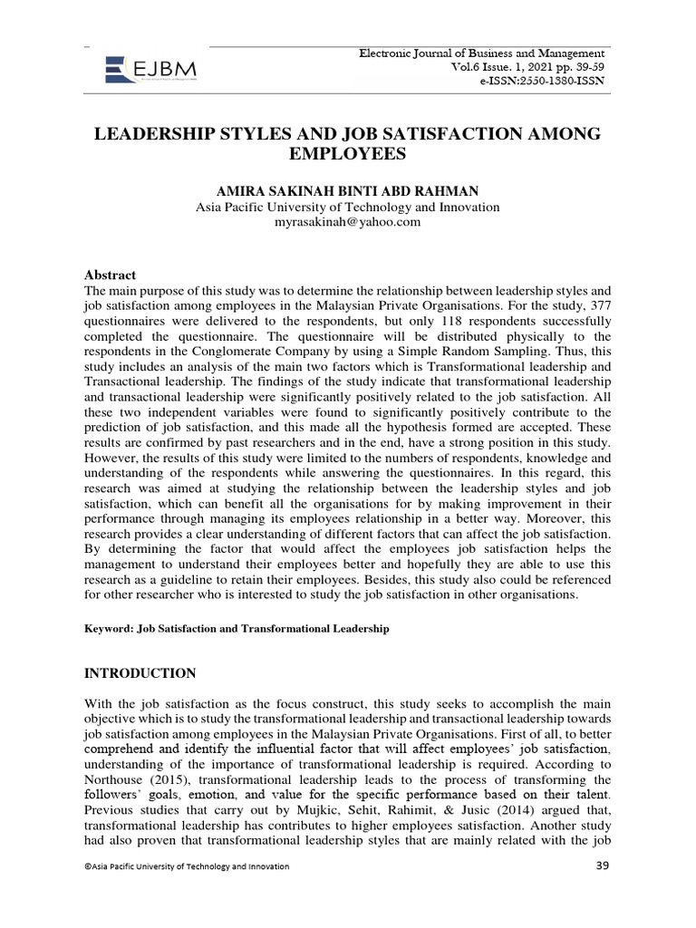 Leadership Styles Impact on Job Satisfaction | PDF | Leadership | Job ...