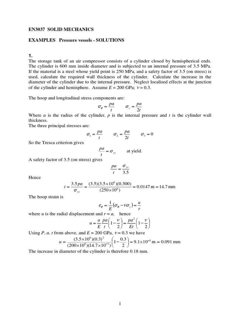 EN3037 Examples Pressure Vessels Solutions | PDF | Stress (Mechanics ...