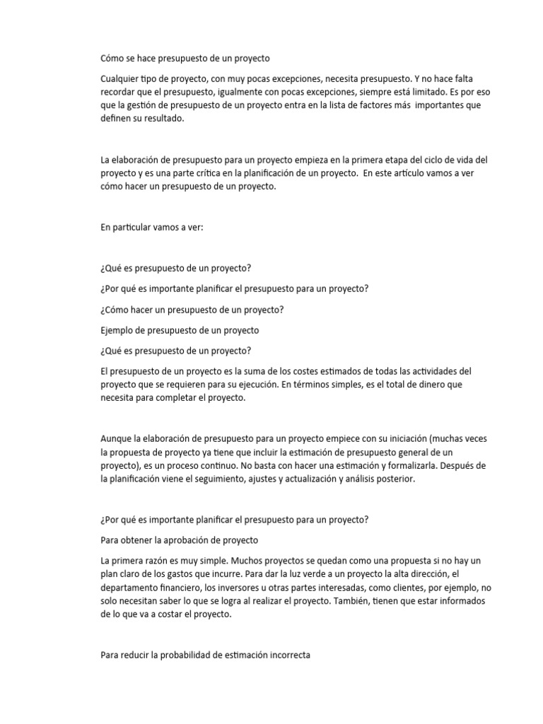 Cómo elaborar un presupuesto de proyecto | PDF | Presupuesto | Estadísticas