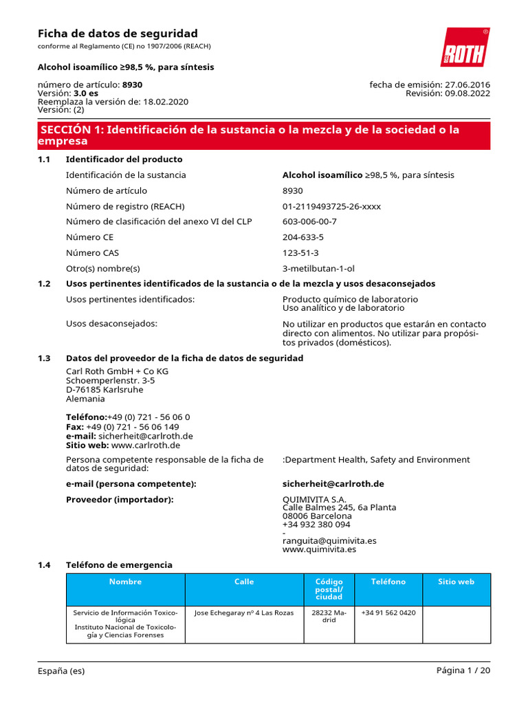 Ficha de Seguridad: Alcohol Isoamílico | PDF | Combustión | Residuos
