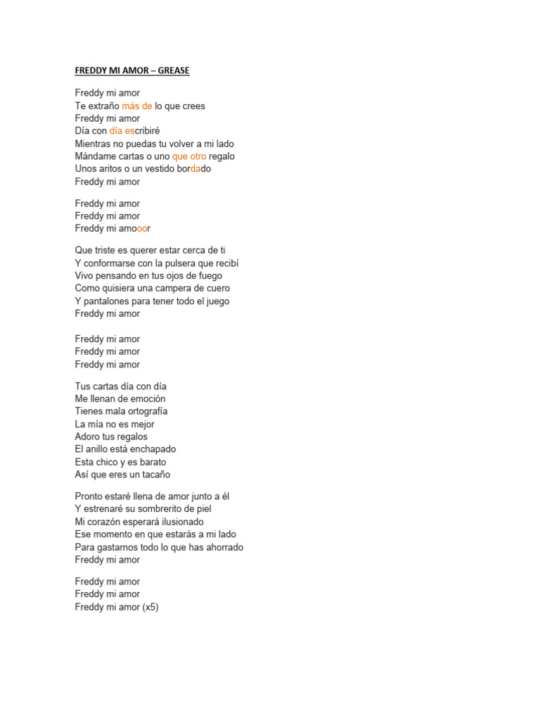 Freddy mi amor: Letra de Grease | PDF