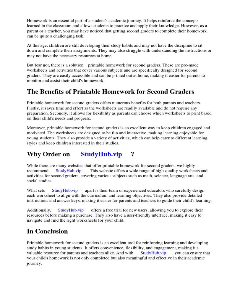 Printable Homework for Second Graders | PDF | Worksheet | Homework