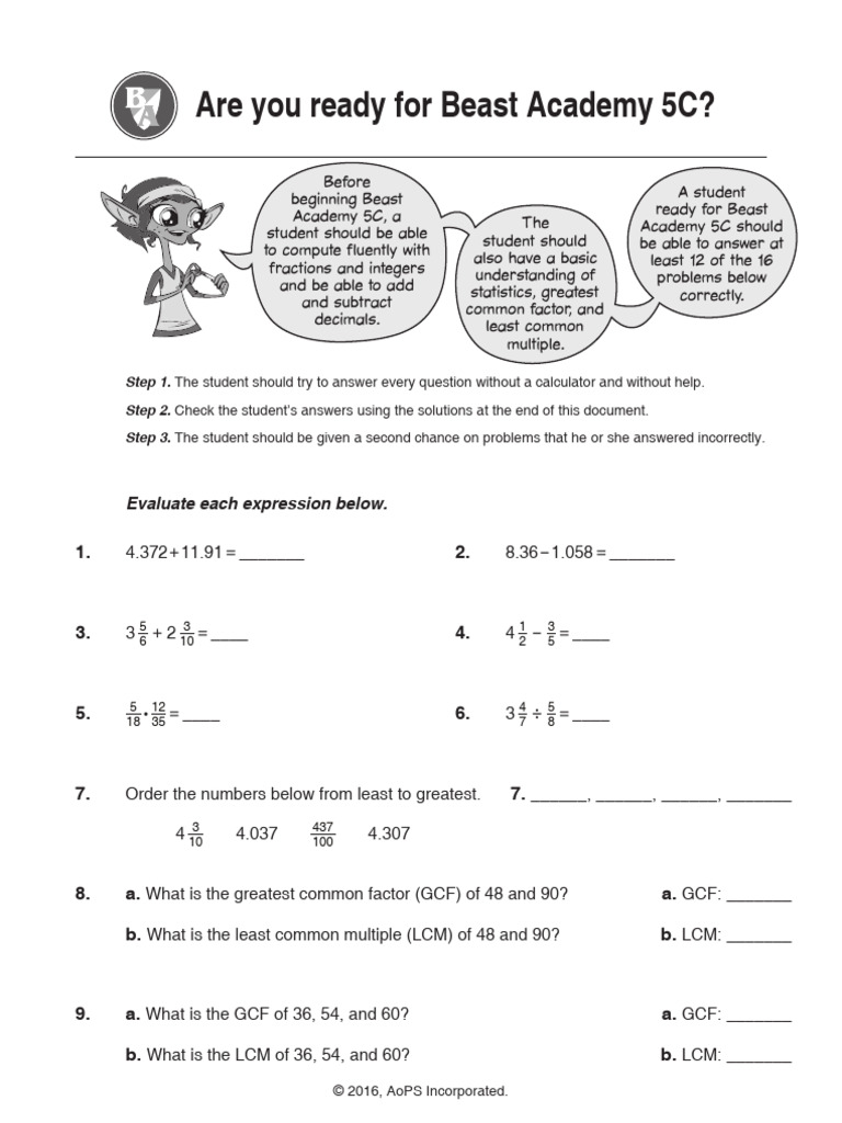 Beast Academy 5C Readiness Test | PDF | Mathematical Notation ...