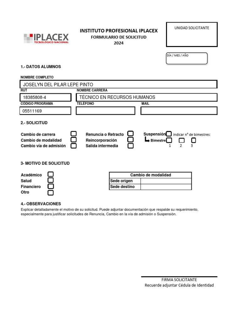 Formulario Solicitudes Ced - 2024 para Completar Joselyn Lepe | PDF ...