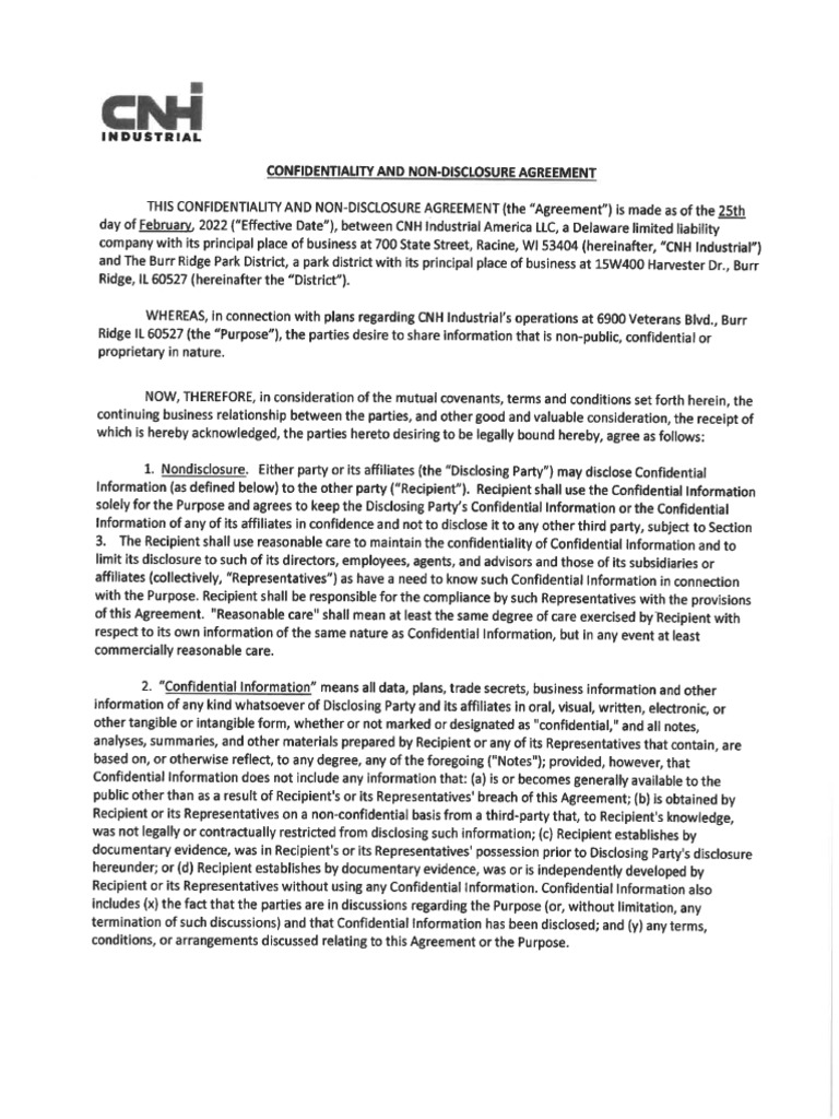 Burr Ridge Park District Confidentiality Agreement With CNH Industrial ...