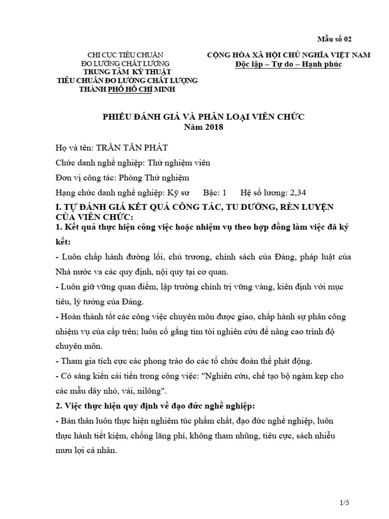 Mau Danh Gia Va Phan Loai VC 2018 - Mau 02 | PDF