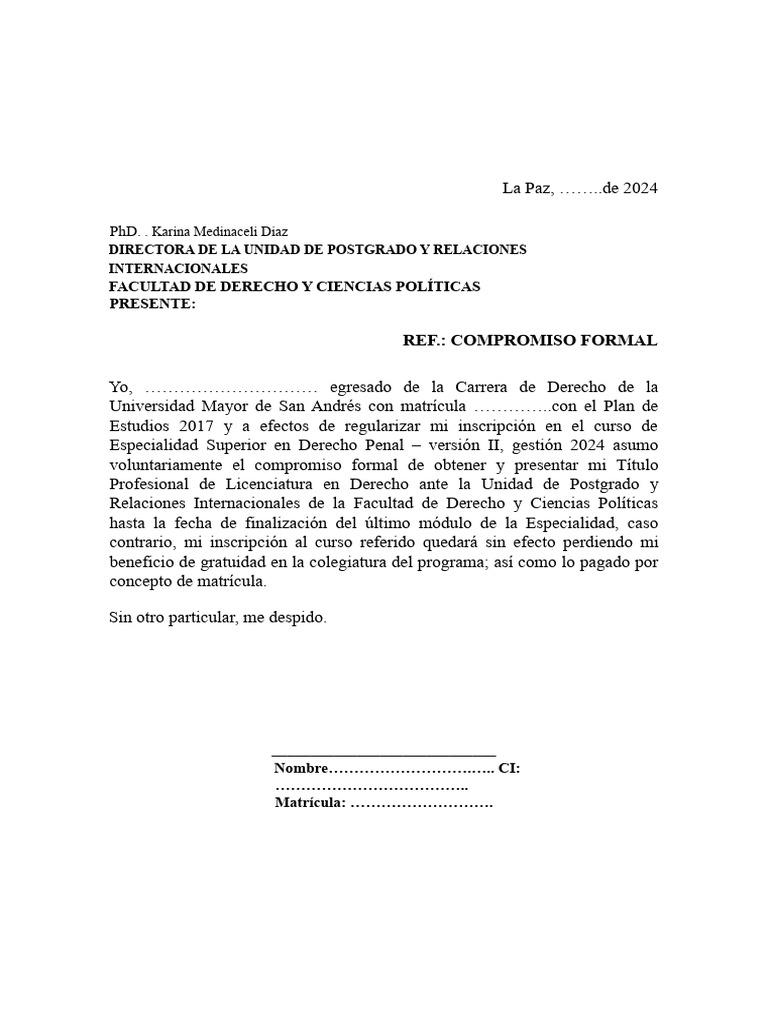 Compromiso Formal para Especialidad en Derecho | PDF | Política