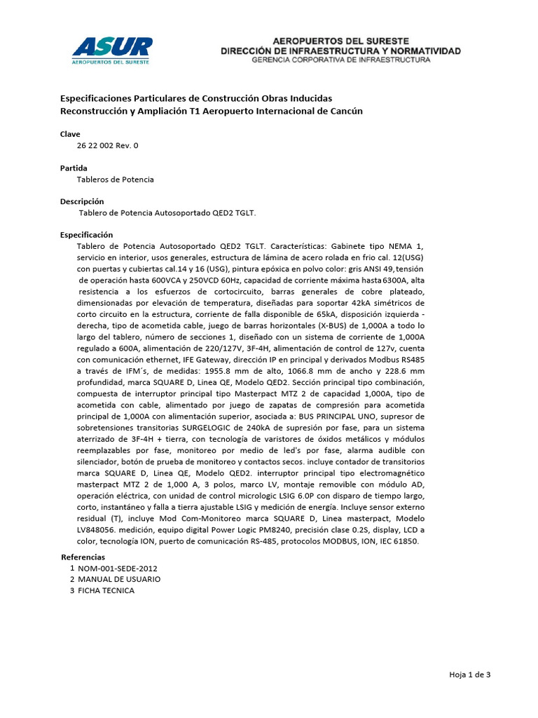 Tablero de Potencia QED2: Especificaciones | PDF | Ingenieria Eléctrica ...