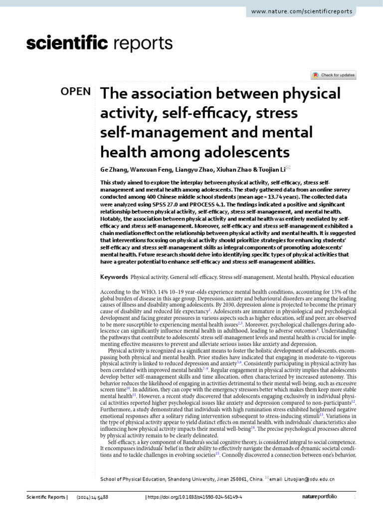 Adolescent Mental Health and Physical Activity | PDF | Stress ...