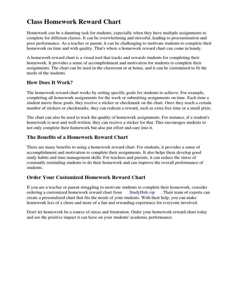 Class Homework Reward Chart PDF Homework Motivation