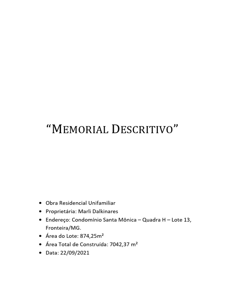 Memorial Descritivo Edificio Residencial | PDF | Argamassa (alvenaria ...