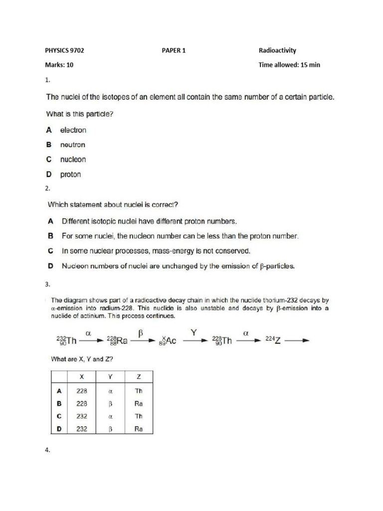 PHYSICS 9702 PAPER 1 Radioactivity (Test 1) | PDF