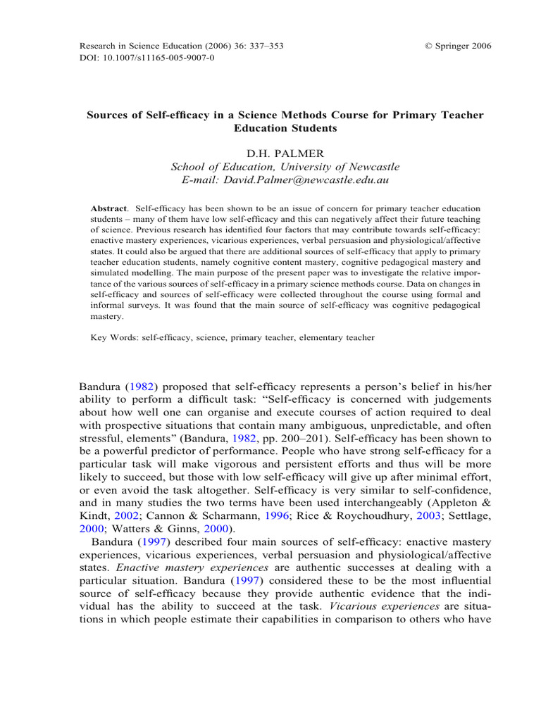 Self-Efficacy in Primary Science Teaching | PDF | Self Efficacy | Cognition