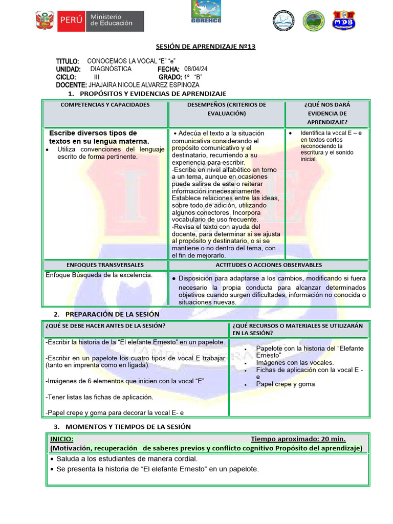 Aprendizaje de la Vocal E en 1º B | PDF | Evaluación | Aprendizaje