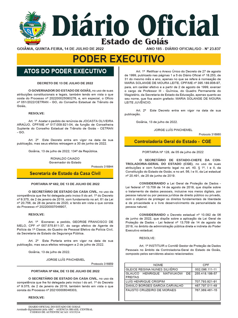 Atos do Poder Executivo de Goiás - Julho 2022 | PDF | Justiça | Crime e ...
