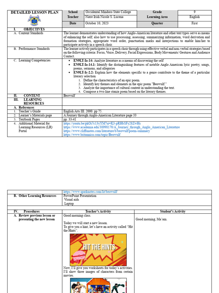 BEOWULF G9 LESSON PLAN | PDF | Beowulf | English Heroic Legends