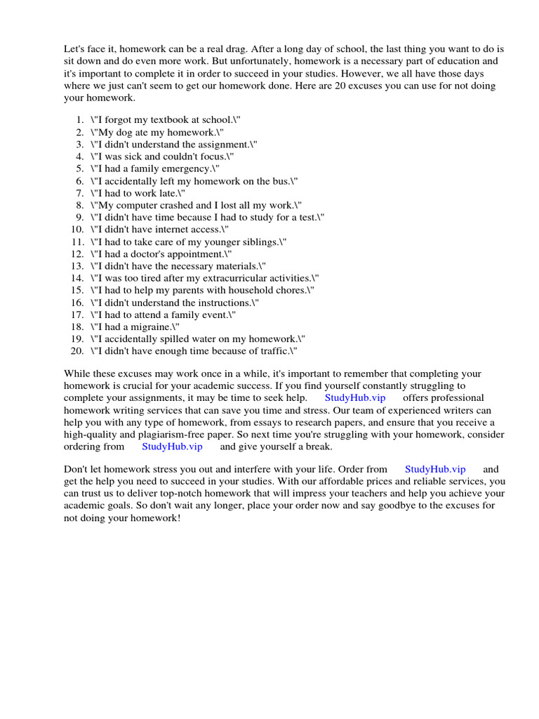 20 Excuses For Not Doing Your Homework | PDF | Homework