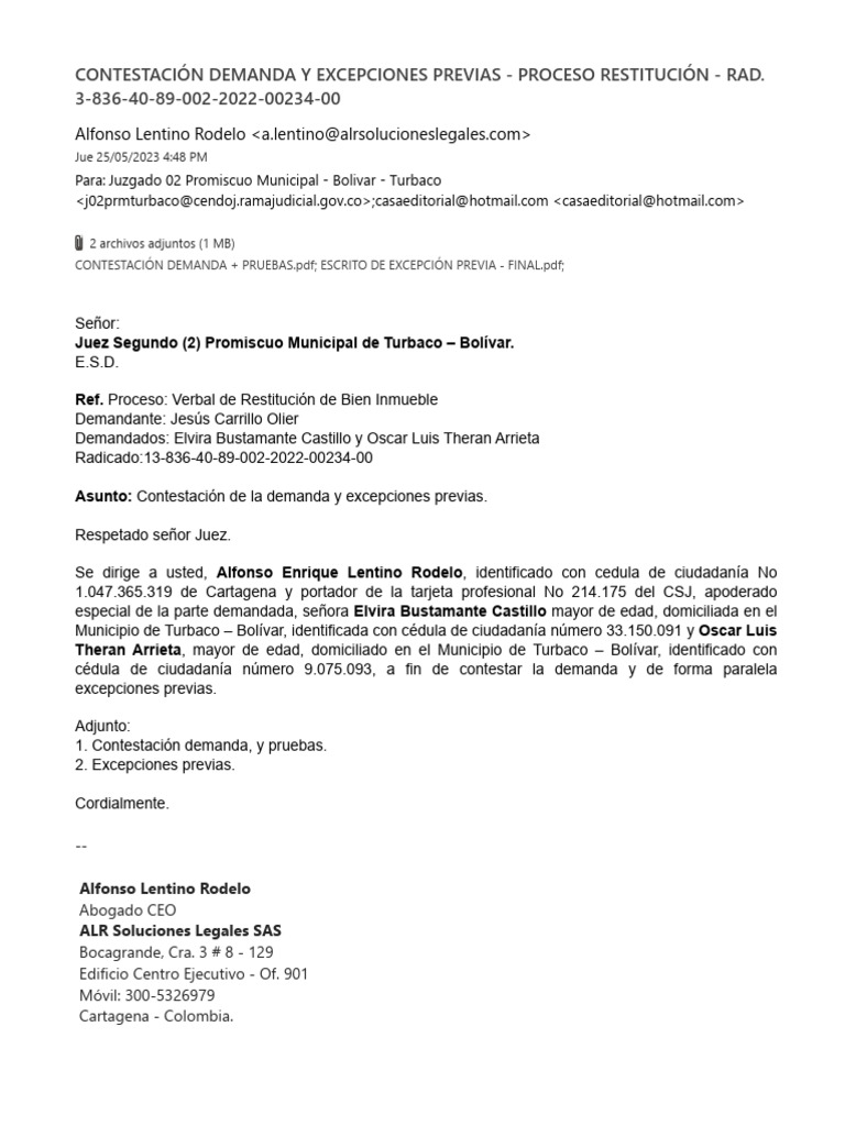 Contestación Demanda Restitución Inmueble | PDF | Derecho civil ...
