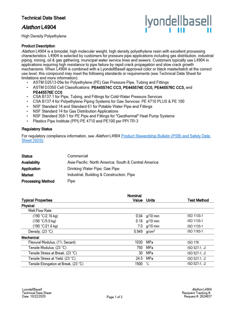 Alathon L4904 Technical Data Sheet | PDF | Pipe (Fluid Conveyance ...