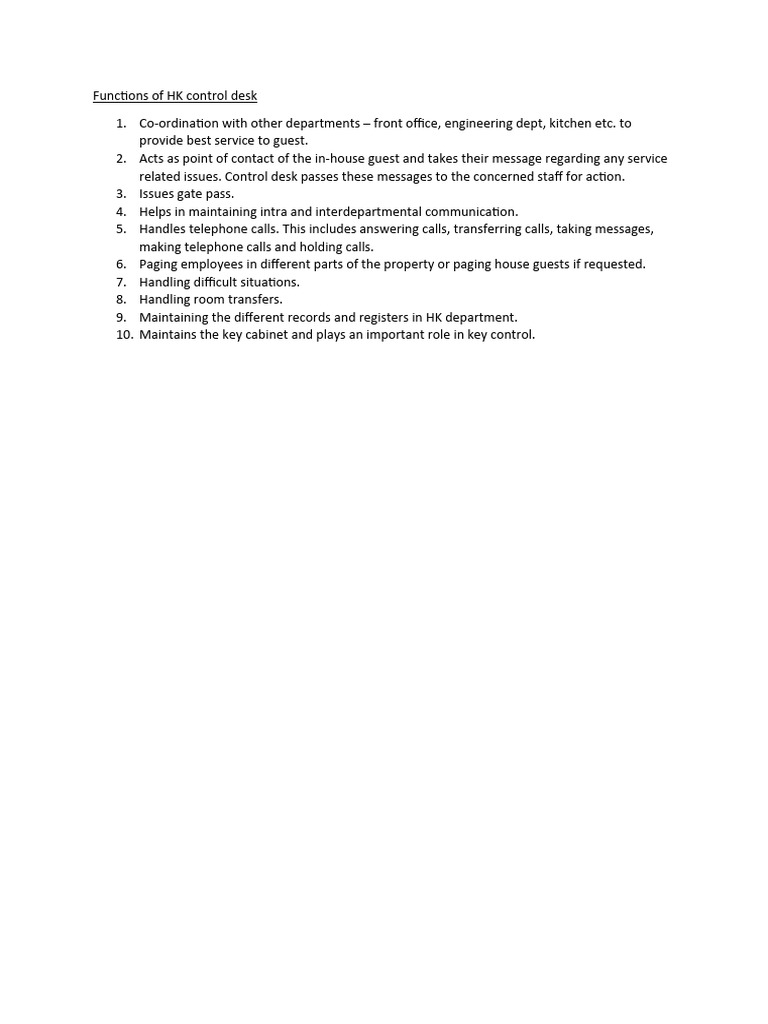 Housekeeping Control Desk Functions | PDF | Law