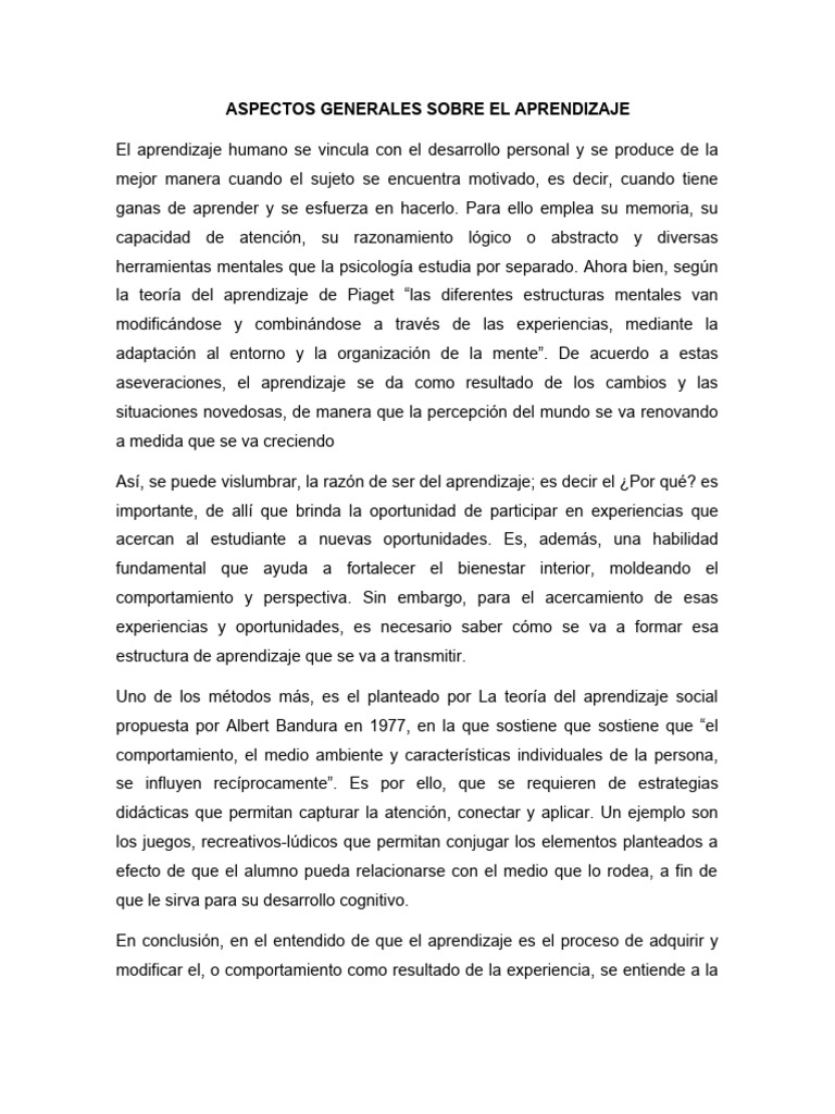 Aspectos Generales Sobre El Aprendizaje | PDF