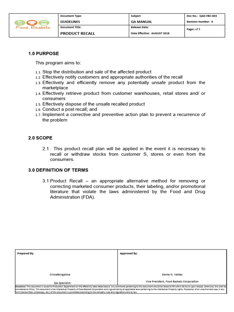 QAD FBC 003 Product Recall | PDF | Food And Drug Administration | Risk ...