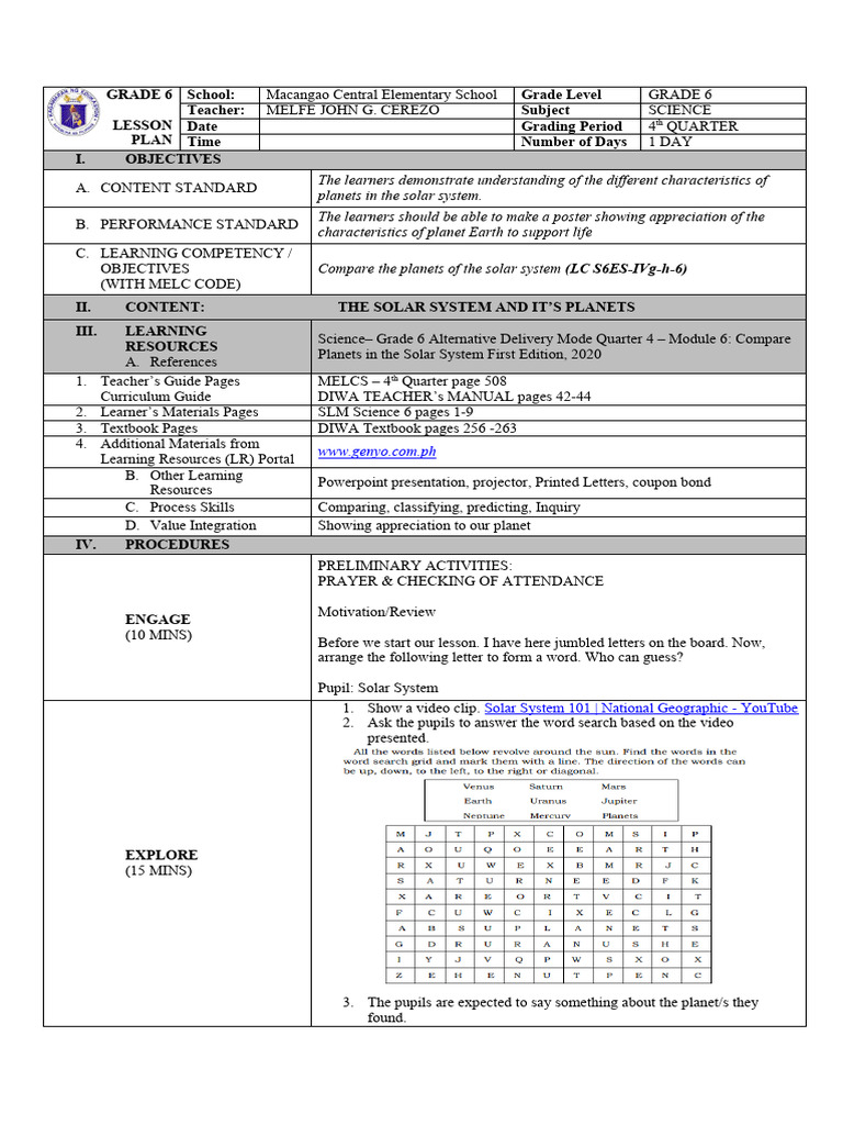 Grade 6 LP | PDF | Planets | Solar System
