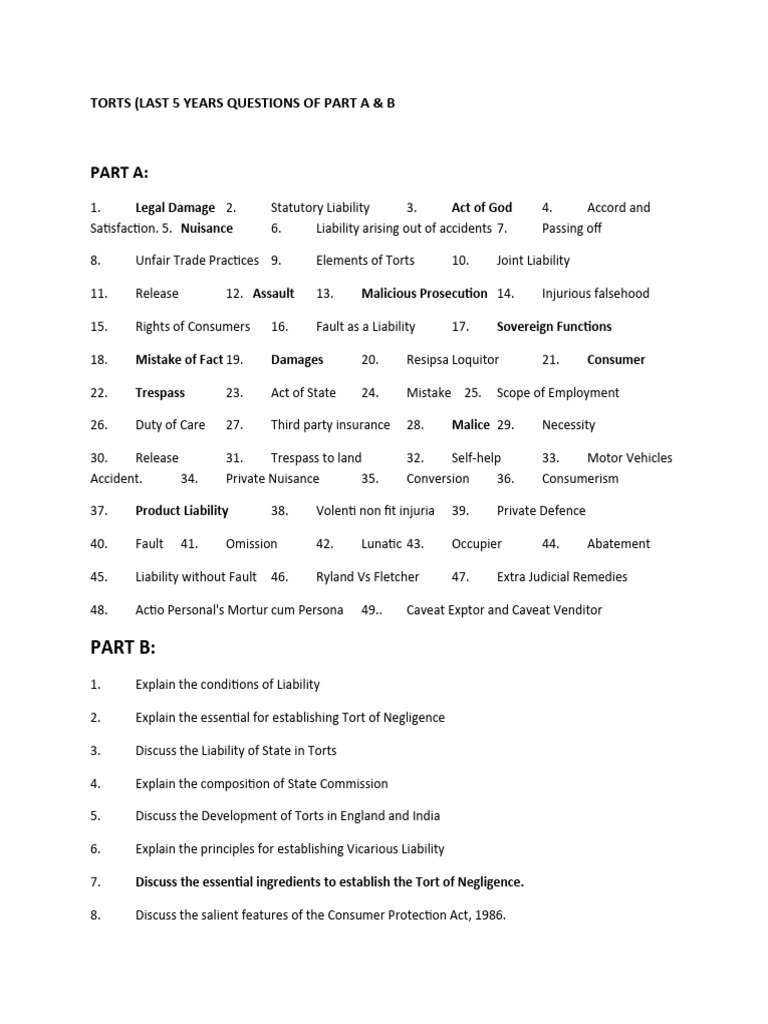 Torts Last 5 Years Questions Part A B Pdf Tort Legal Liability