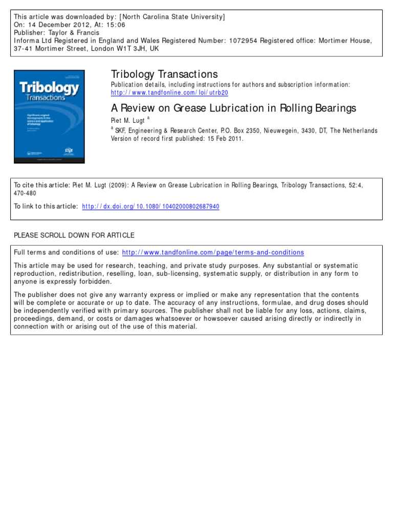 A Review of Grease Lubrication in Rolling Bearings | PDF | Bearing ...
