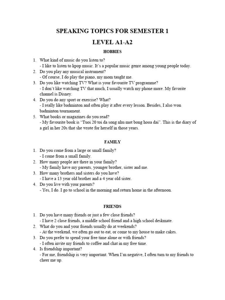 A1-A2 Speaking Topics Guide | PDF | Language Arts & Discipline | Art