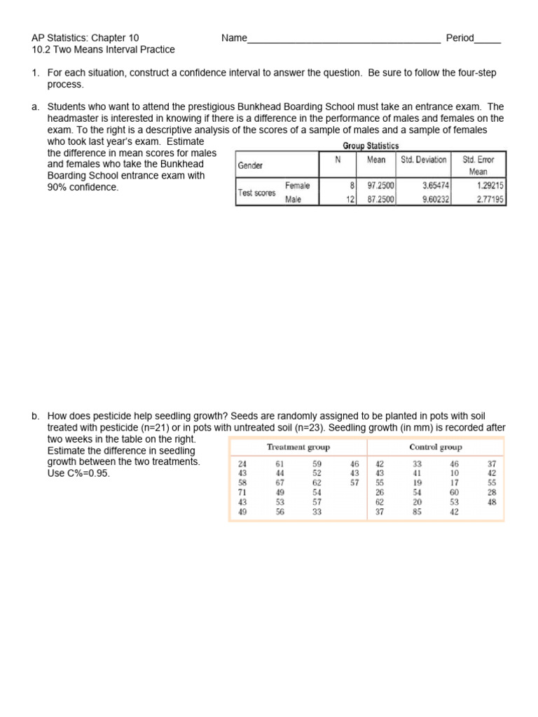 AP Statistics: Two Means Confidence Intervals | PDF | Sampling ...