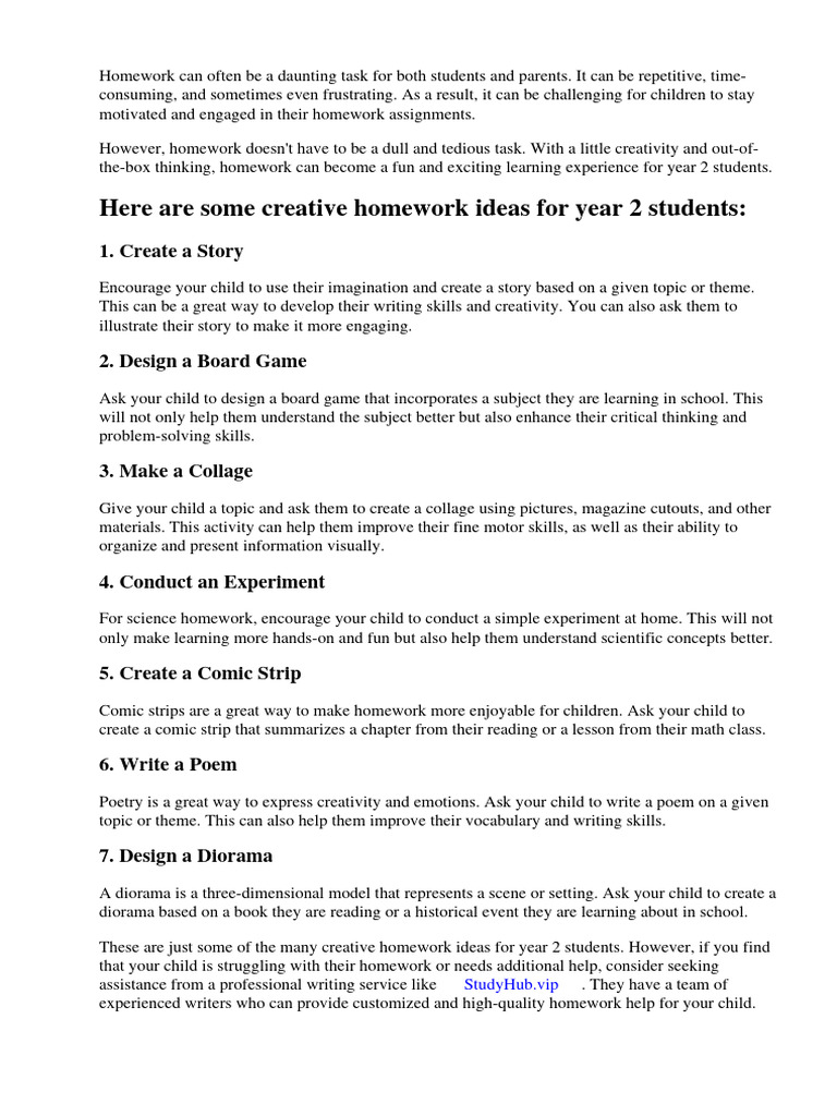 Creative Homework Ideas Year 2 | PDF | Homework | Learning