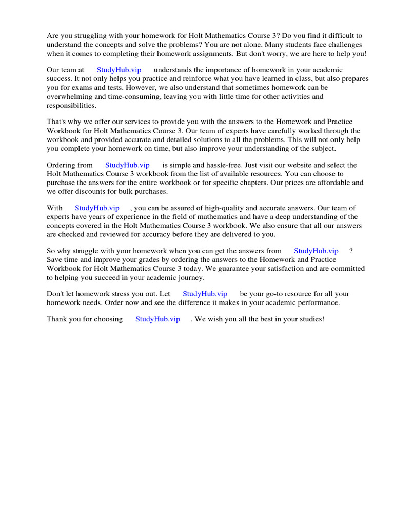 Homework and Practice Workbook Holt Mathematics Course 3 Answers | PDF ...