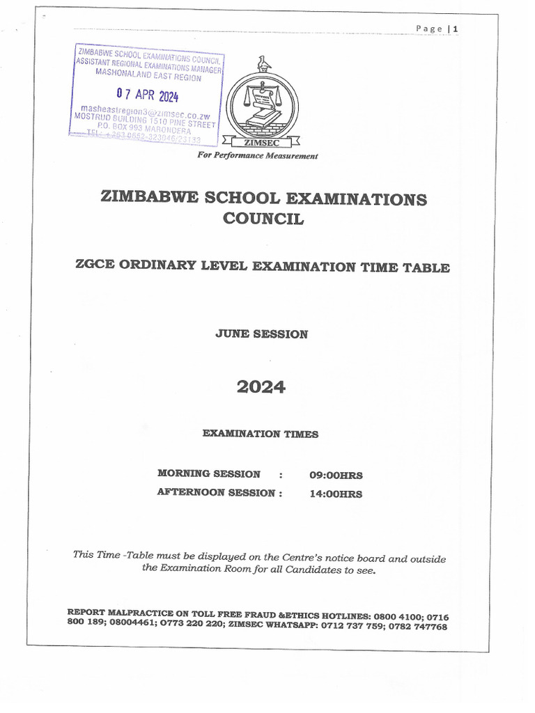 ZGCE Ordinary Level Eamination Time-Table June 2024 | PDF