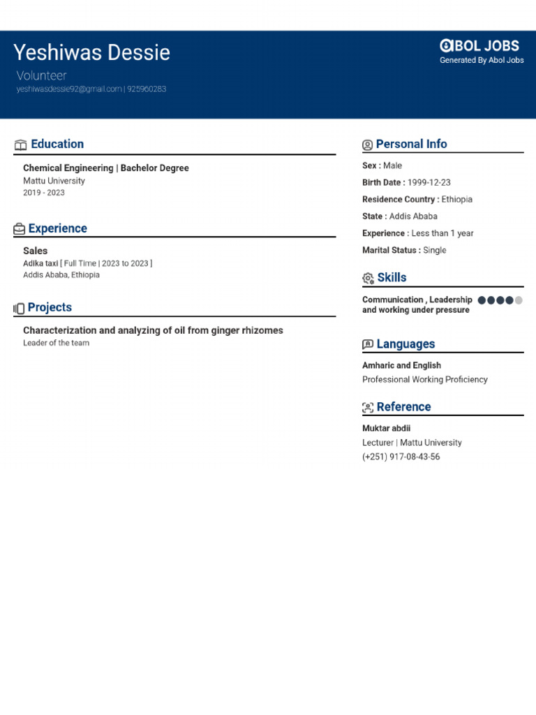 Yeshiwas Dessie-Abol-Jobs-CV | PDF