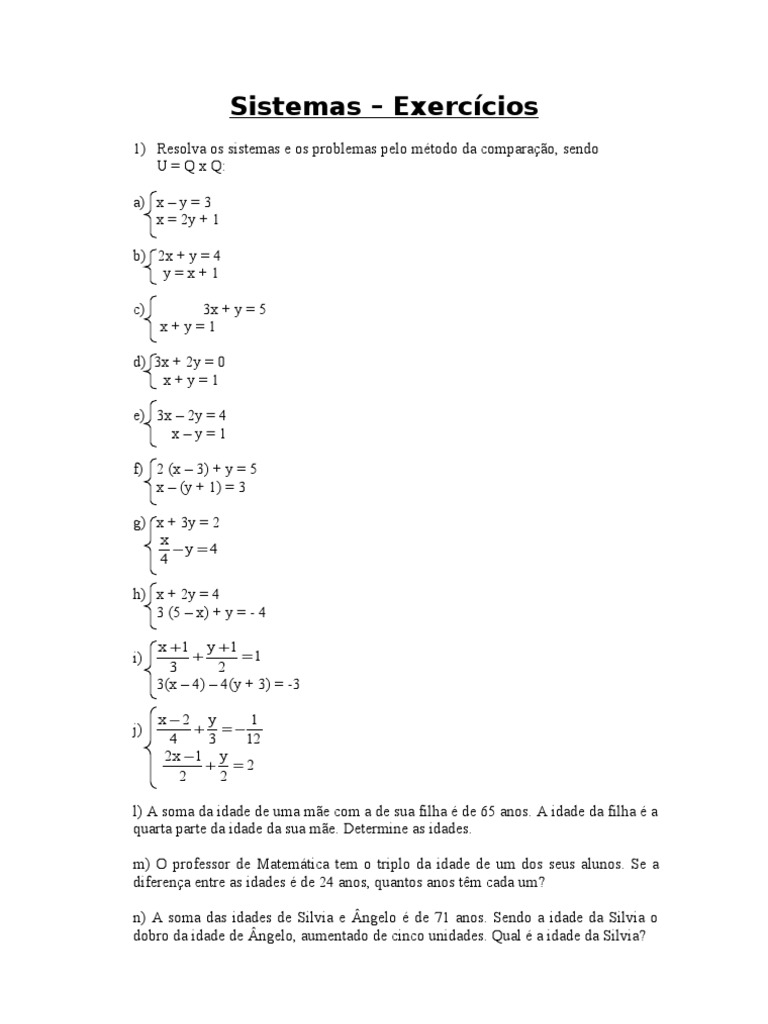 Sistemas Exercícios | PDF | Equações | Matemática elementar