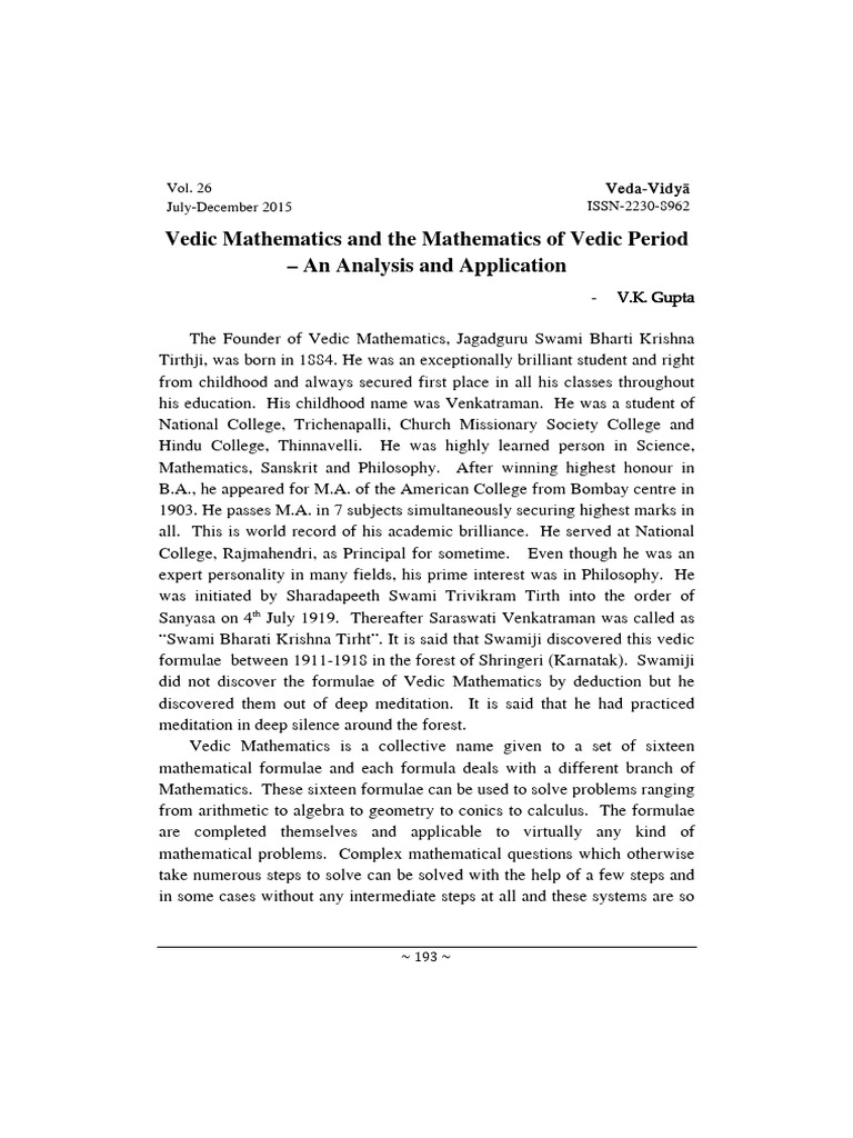 Vedic Mathematics: Analysis and Applications | PDF | Mathematics ...