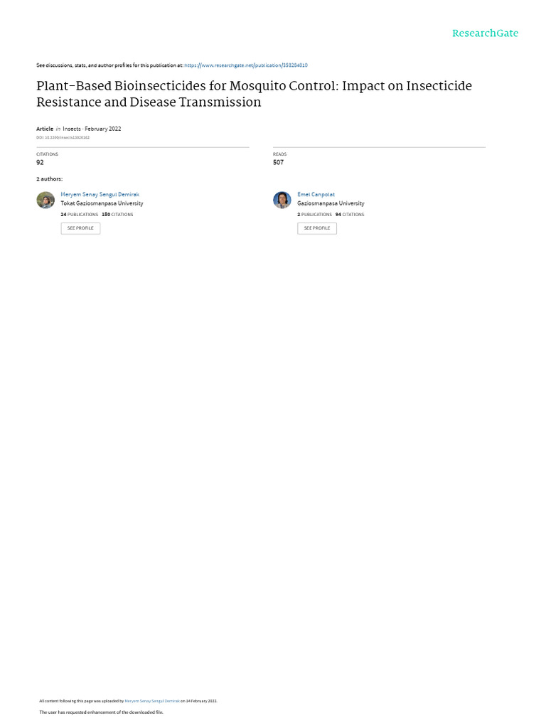 Plant Based Bioinsecticides For Mosquito Control Impact On Insecticide