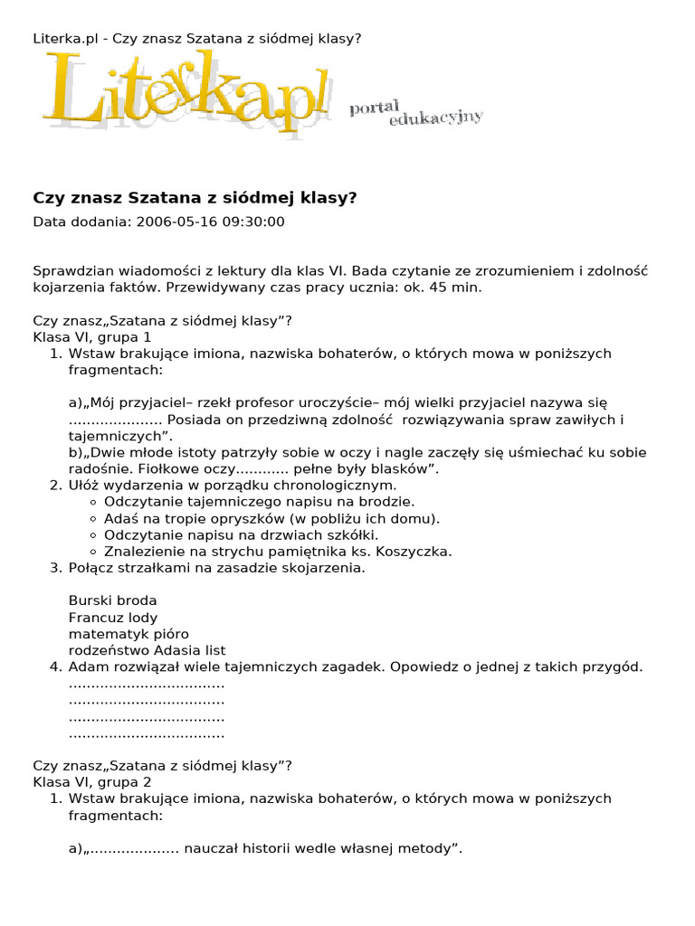 Test Szatan Z 7 Klasy | PDF