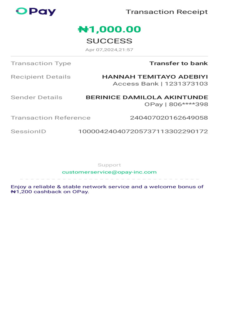 OPay Transfer Receipt: ₦1,000 Success | PDF
