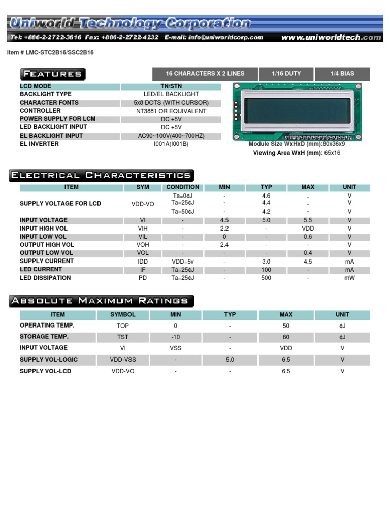 16x2 LCD Module Specifications | PDF | Teaching Methods & Materials ...