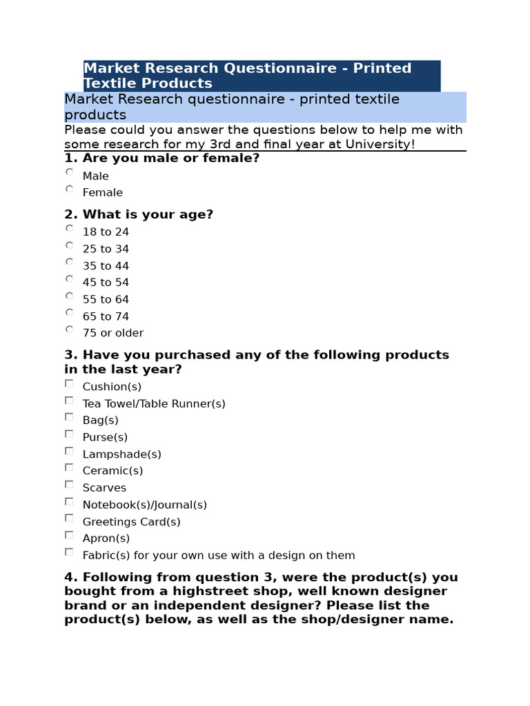 Printed Textile Products Survey | PDF | Softlines (Retail) | Fashion