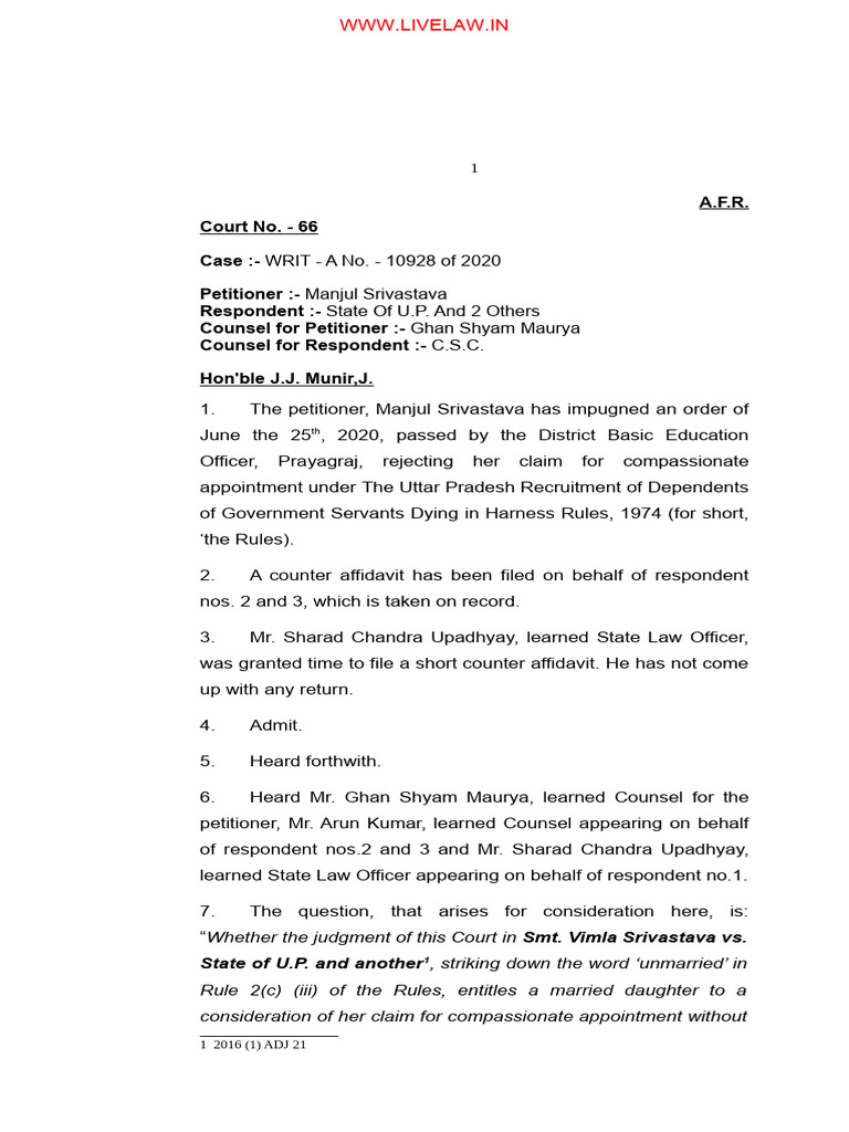 Allahabad HC Married Daughter Compassionate Appointment 387482 | PDF ...