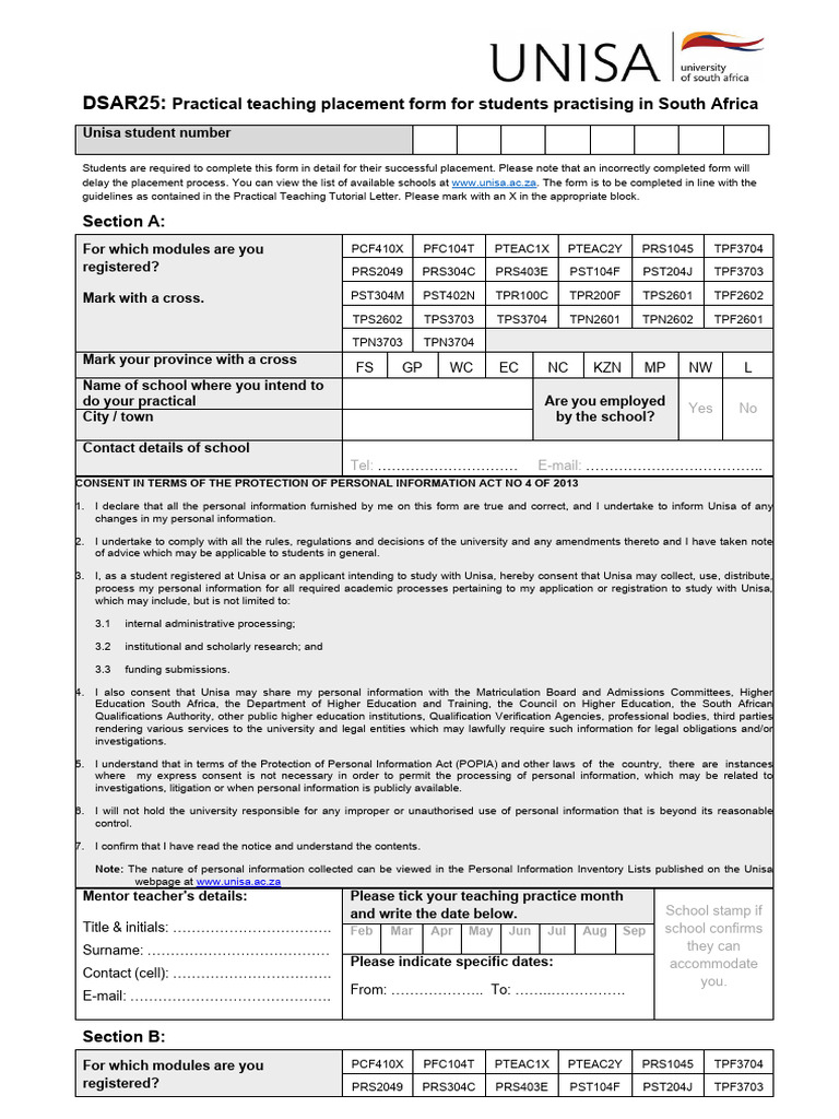 Unisa DSAR25 Practice Teaching Placement RSA Students | PDF ...