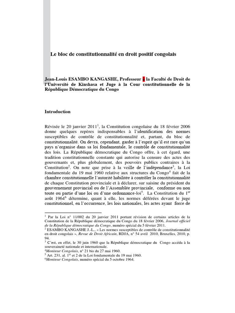 Bloc de constitutionnalité en RDC | PDF | Loi | Constitution