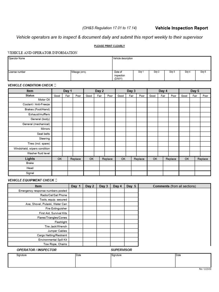 Vehicle Daily Inspection Report Template | PDF | Vehicles | Land Vehicles