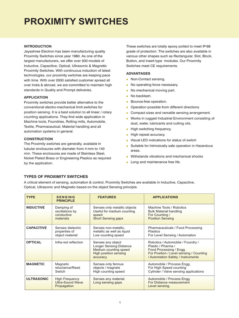 Proximity Switches Overview and Types | PDF | Switch | Direct Current