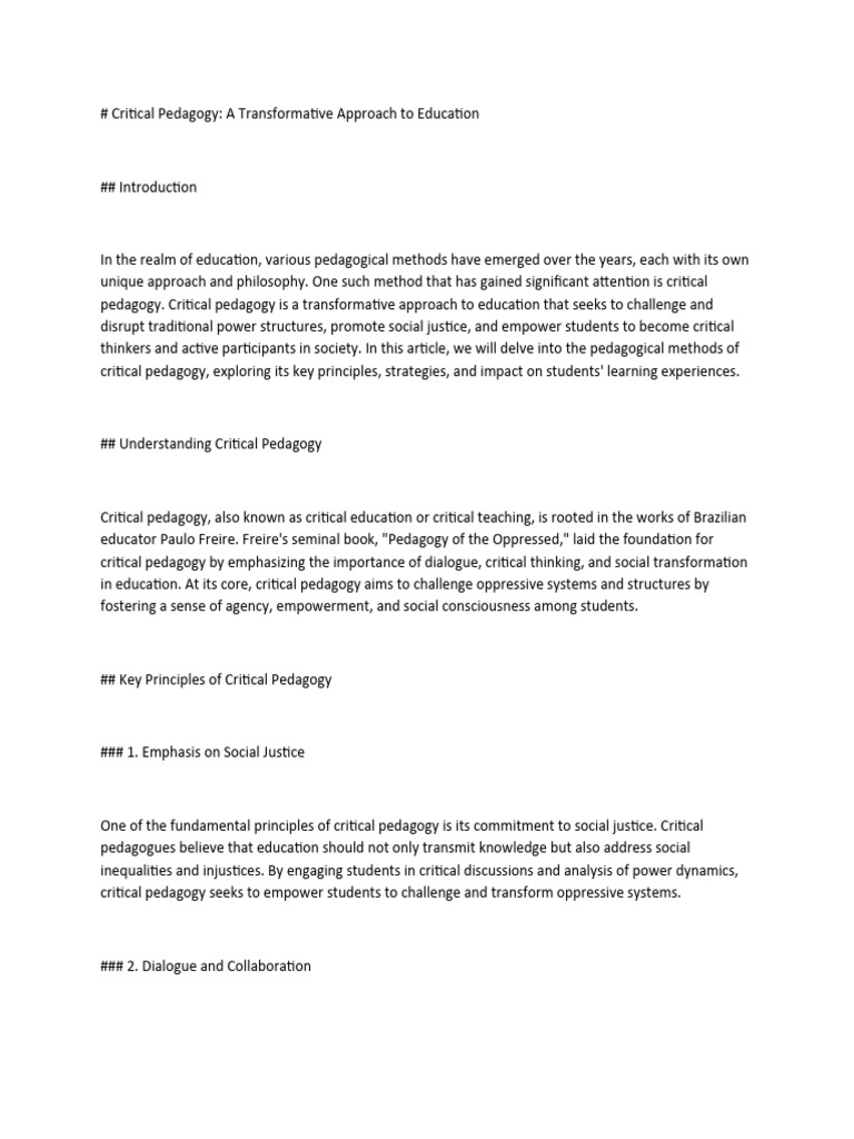 Key Principles of Critical Pedagogy | PDF | Pedagogy | Critical Thinking